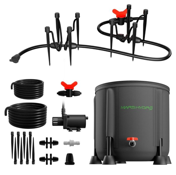 Капельный полив Mars Hydro Drip Irrigation System Kit - комбинированный комплект для полива, состоящий из складного ведра объемом 50 л и 8-канального капельного комплекта, включает в себя все необходимое для создания системы полива растений с регулируемы